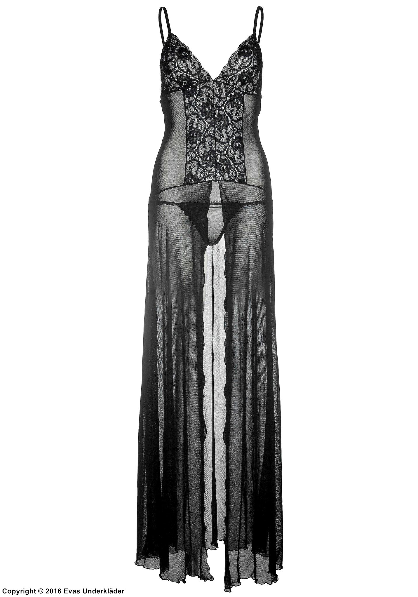 Long negligee, high slit, lace panel, mesh skirt